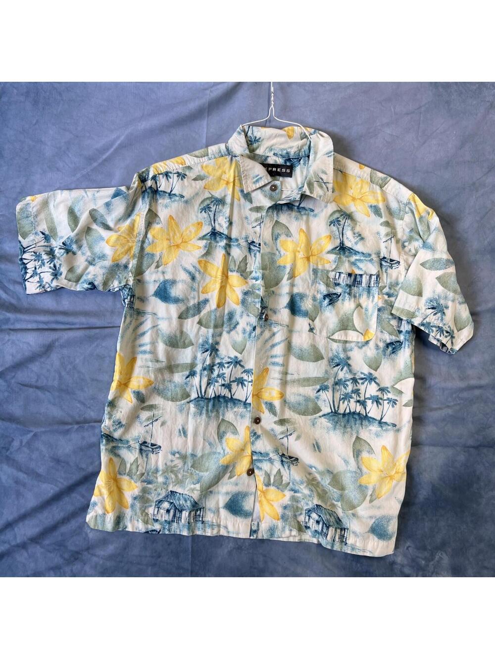 Express Brand Xl Short Sleeve Hawaiian Style Shirt Yellow Flower, Blue Palm